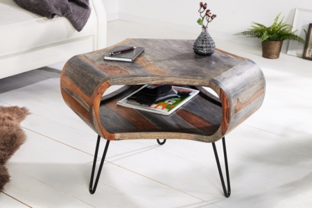 Retro salontafel ORGANIC LIVING 70cm grijs massief sheeshamhout met opbergruimte Hairpin Poten - Img 3