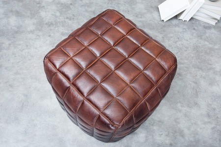 Retro zit poef RIDER 40cm bruin echt leer met sierstiksel - Img 3
