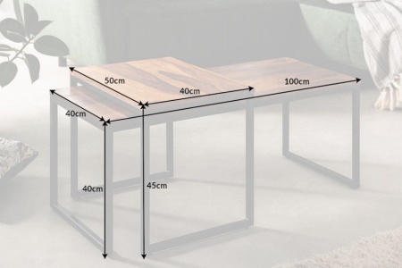 Set van 2 design salontafels ELEMENTS 100cm Sheesham stone finish metalen frame - Img 3