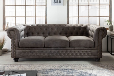 Chesterfield 3-zits bank 205cm vintage grijs taupe met knoopsluiting en veerkern - Img 3