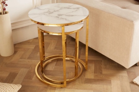 Design bijzettafel set van 2 ELEGANCE 50cm wit kristalglas met marmer decor gouden frame - Img 3