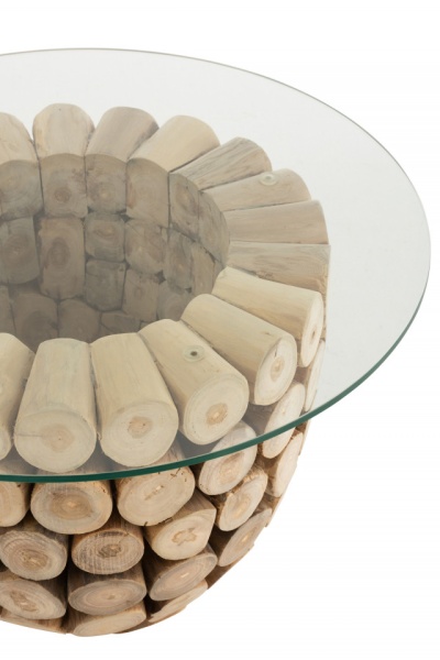 Handgemaakte salontafel PURE NATURE 70cm rond teakhout met glazen blad - Img 7