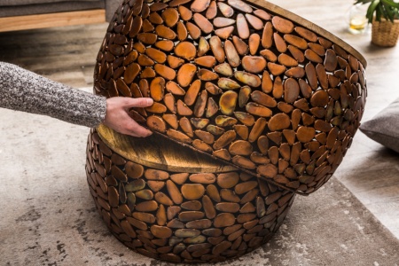 Handgemaakte set van 2 salontafels STONE MOSAIC 65cm koper acacia hout mozaïek look - Img 7