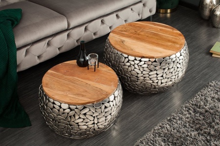 Handgemaakte set van 2 salontafels STONE MOSAIC 65cm zilver acaciahout mozaïek look - Img 4
