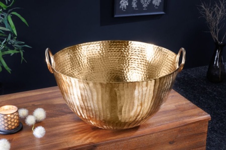 Handgemaakte sierschaal ROND 40 cm goudkleurig metaal gehamerd design - Img 3