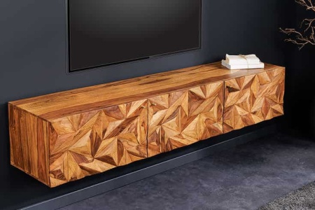 Hangend tv-lowboard ALPINE 160 cm naturel sheesham massief hout steenafwerking metaal mat goud - Img 3