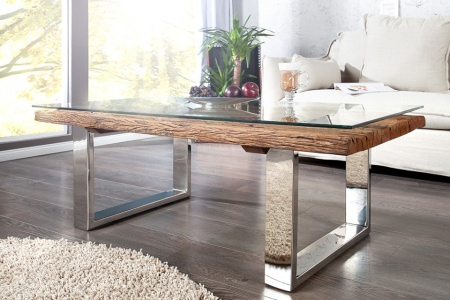 Indrukwekkende salontafel BARRACUDA 110cm antiek teak met onderstel en glas - Img 3