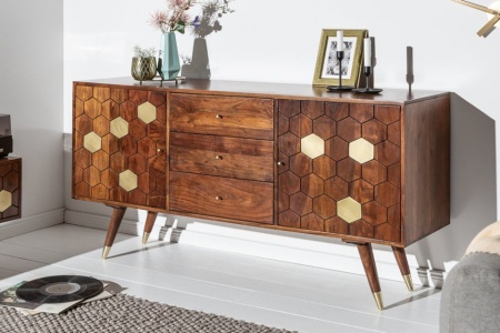 Massief dressoir tv meubel 145 cm acacia bruin goud retro design - Img 3