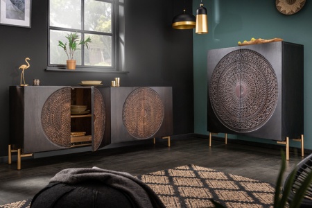 Massief highboard DALA 100cm mangohout zwart gouden poten - Img 7