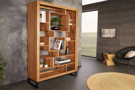 Massief houten boekenkast CUBUS 190cm acaciahoning afwerking metalen poten zwarte staande plank - Img 3