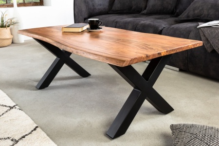 Massief houten salontafel MAMMUT 120 cm acaciahoning afwerking X-frame zwart tafelblad 2,5 cm - Img 3