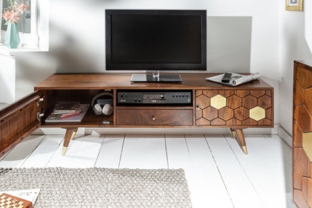 Massief tv-lowboard MISTER 140cm acacia bruin goud retro design - Img 4