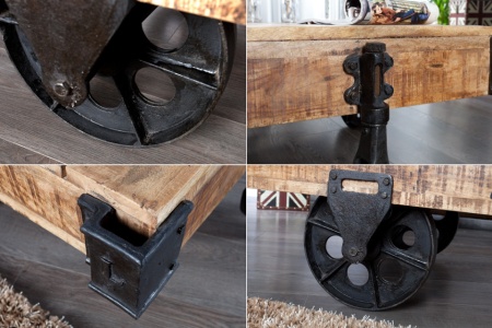 Massiev mangohout design salontafel RAILWAY 120cm met 4 wielen - Img 5