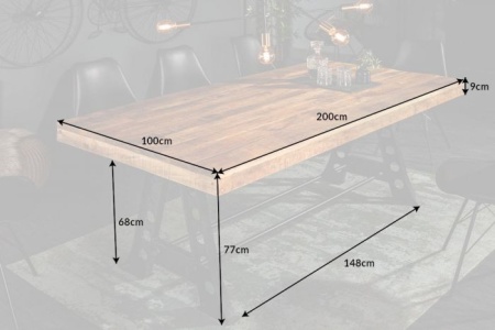 Massieve eettafel INDUSTRIAL 200cm mangohout met zwart metalen frame - Img 2