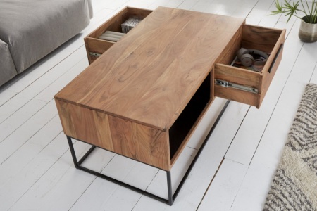 Massieve salontafel 110cm acaciahout naturel zwart met lades - Img 4