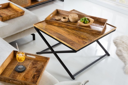 Massieve salontafel 80cm mangohout incl. 3 uitneembare dienbladen - Img 3