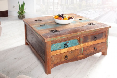 Massieve salontafel van gerecyclede houten vissersboten JAKARTA 70cm kleurrijke met lades - Img 7