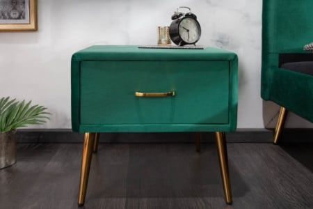 Retro nachtkast met lade fluweel stof smaragdgroen 45cm - Img 4