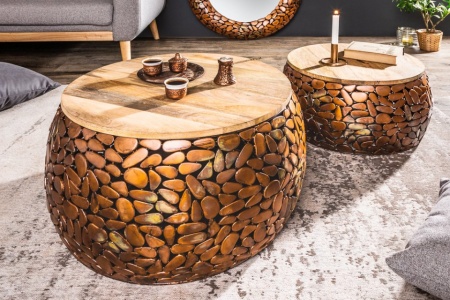 Set van 2 salontafels STONE MOSAIC 65cm koper acaciahout handgemaakte mozaïek look - Img 2