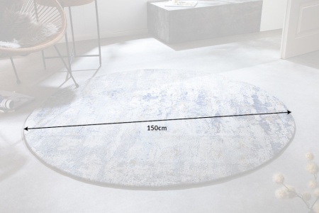 Vintage vloerkleed 150 cm blauw gewassen ronde used look - Img 2
