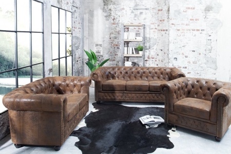 Chesterfield 2-zits bank 150 cm antiek bruin met knoopsluiting en veerkern - Img 5