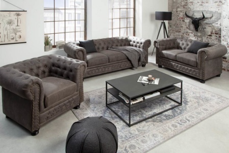 Chesterfield 3-zits bank 205cm vintage grijs taupe met knoopsluiting en veerkern - Img 4
