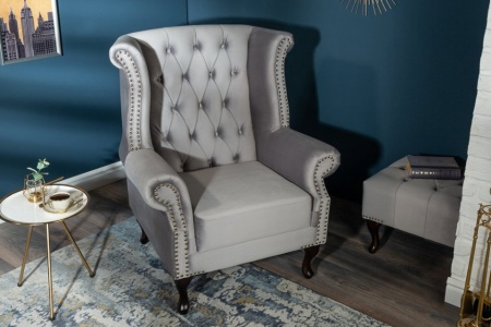 Chesterfield fauteuil 85cm zilvergrijs fluweel met knoopsluiting - Img 3