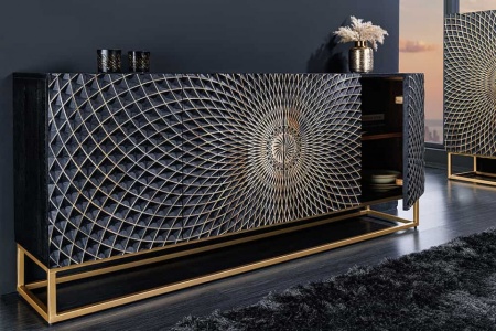 Design dressoir ILLUSION 180cm zwart mangohout massief hout goud ijzer metalen frame - Img 6