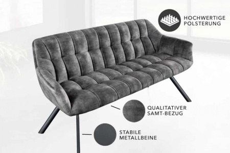 Eetkamerbank PAPILLON 165cm grijs fluweel met rugleuning zwart metalen frame - Img 7