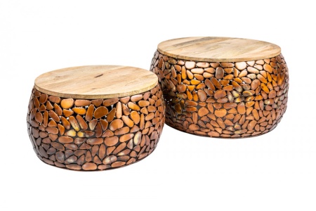 Handgemaakte set van 2 salontafels STONE MOSAIC 65cm koper acacia hout mozaïek look - Img 8