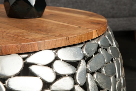 Handgemaakte set van 2 salontafels STONE MOSAIC 65cm zilver acaciahout mozaïek look - Img 5