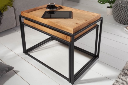 Industriële set van 2 salontafels ELEMENTS 60cm naturel eiken uitneembaar dienblad - Img 3