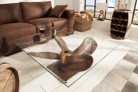 Maritieme salontafel OCEAN L 85cm antiek koper met scheepsschroef en glazen blad - Img 2