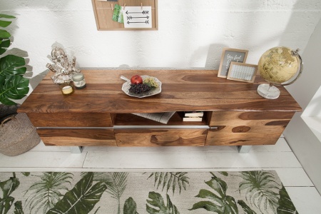 Massief boomstam tv-bord MAMMUT 160cm Sheesham Lowboard roestvrijstalen sledeframe - Img 4