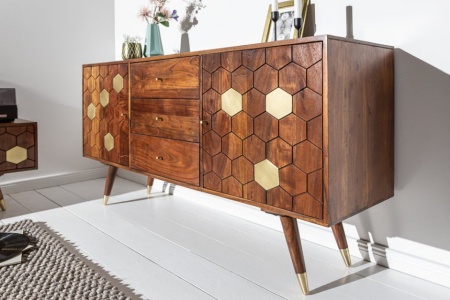 Massief dressoir tv meubel 145 cm acacia bruin goud retro design - Img 4