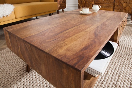 Massief hout salontafel met lades LIVING 110 cm naturel sheesham 3D-oppervlak massief hout - Img 4