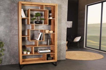 Massief houten boekenkast CUBUS 190cm acaciahoning afwerking metalen poten zwarte staande plank - Img 4
