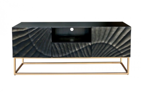 Massief mangohout zwart tv-meubel 160 cm, gedetailleerd 3D-houtsnijwerk - Img 2