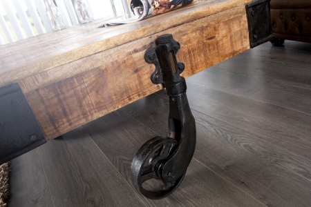 Massiev mangohout design salontafel RAILWAY 120cm met 4 wielen - Img 6