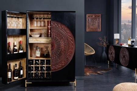 Massieve XXL barkast MANDALA 95cm mangohout zwart goud metalen frame snijwerk - Img 3