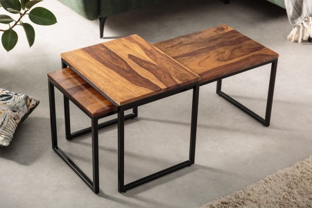 Set van 2 design salontafels ELEMENTS 100cm Sheesham stone finish metalen frame - Img 5