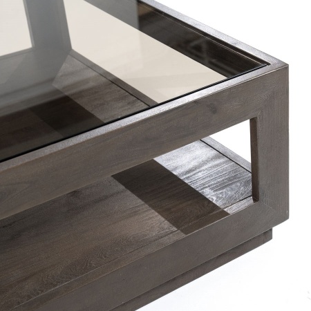 Vierkante Salontafel Liam 95x95 - bruin mango hout met glas - Img 2