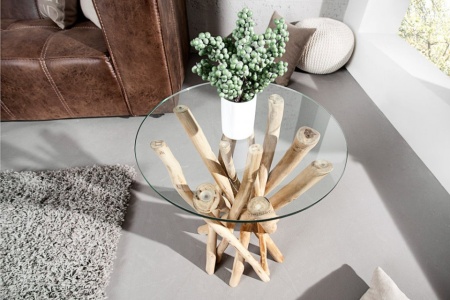 Design bijzettafel DRIFTWOOD 40cm teak met glazen blad ronde salontafel - Img 3