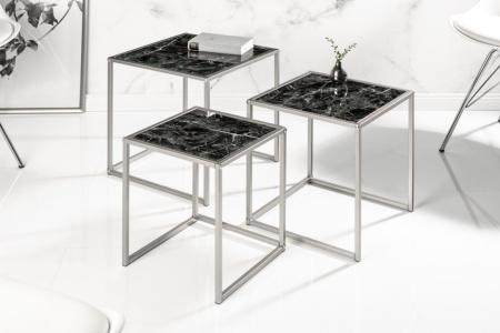 Design bijzettafel set van 3 ELEMENTS 40cm zwart glazen blad in marmerlook - Img 4