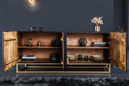 Design dressoir ILLUSION 180cm zwart mangohout massief hout goud ijzer metalen frame - Img 7