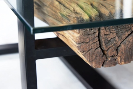 Design salontafel BARRACUDA 130cm gerecycleerd teak glasblad zwart RVS industrieel - Img 6