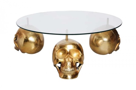 Design salontafel SKULL XXL 90 cm goud rond glazen blad metalen schedel handgemaakt - Img 2