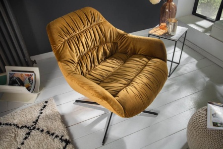Draaifauteuil BIG DUTCH mosterdgeel fluweel met armleuningen in retrostijl - Img 3