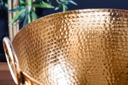 Handgemaakte sierschaal ROND 40 cm goudkleurig metaal gehamerd design - Img 5