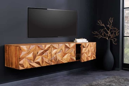 Hangend tv-lowboard ALPINE 160 cm naturel sheesham massief hout steenafwerking metaal mat goud - Img 4